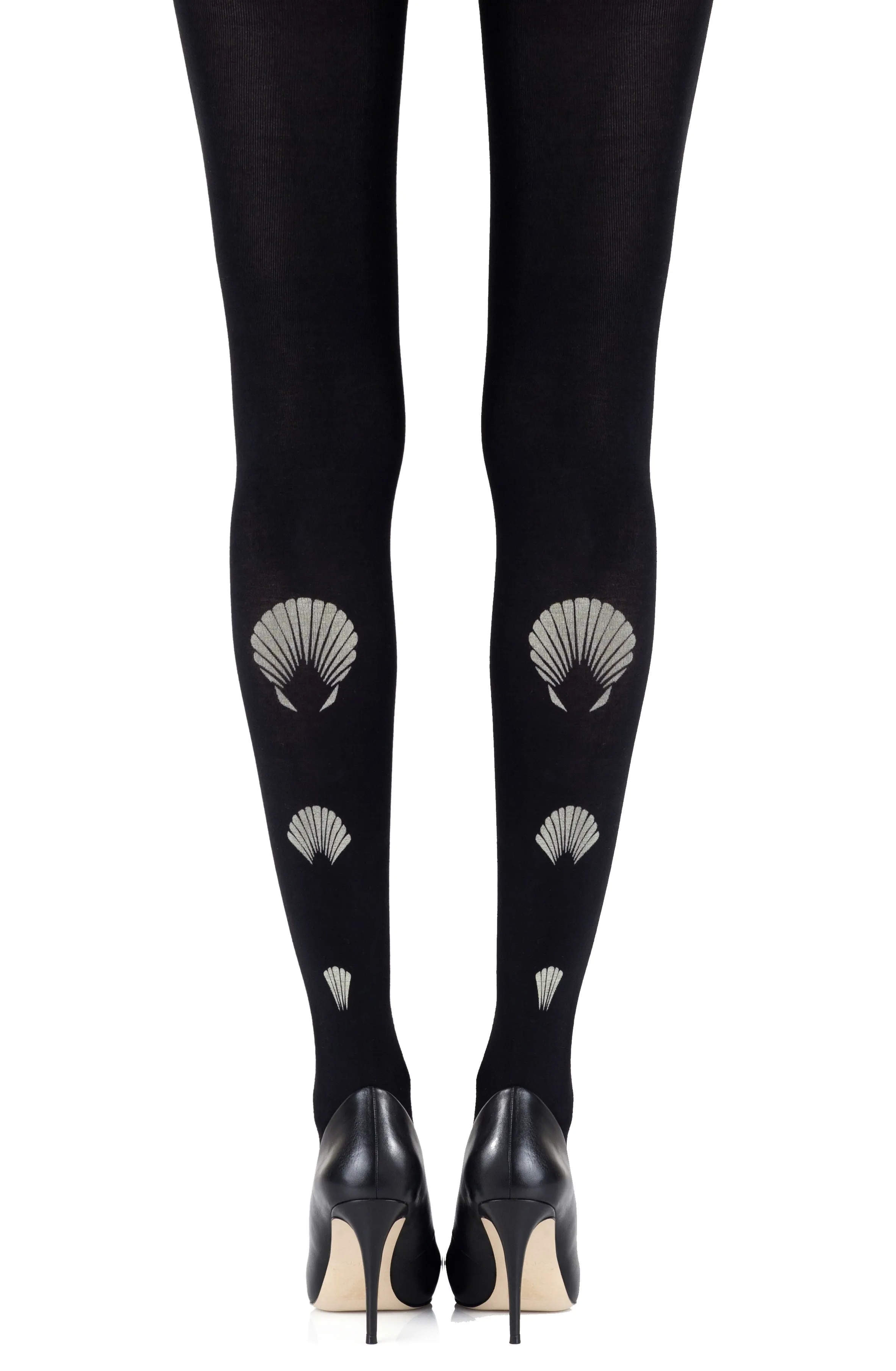 Gorgeous Metallic Grey Shell Print 100 Denier Opaque Black Tights