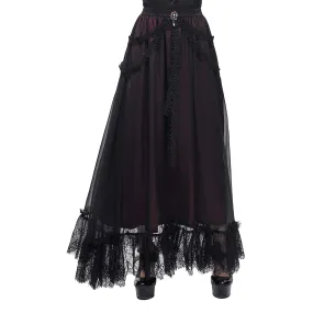 Gothic Floral Lace Splice Layered Skirt / Women's Burgundy Elastic Waist Skirt