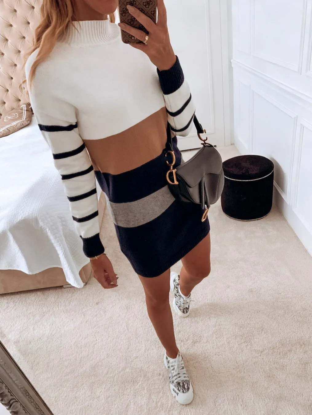 High Neck Long Sleeve Color Block Striped Sweater Bodycon Dress