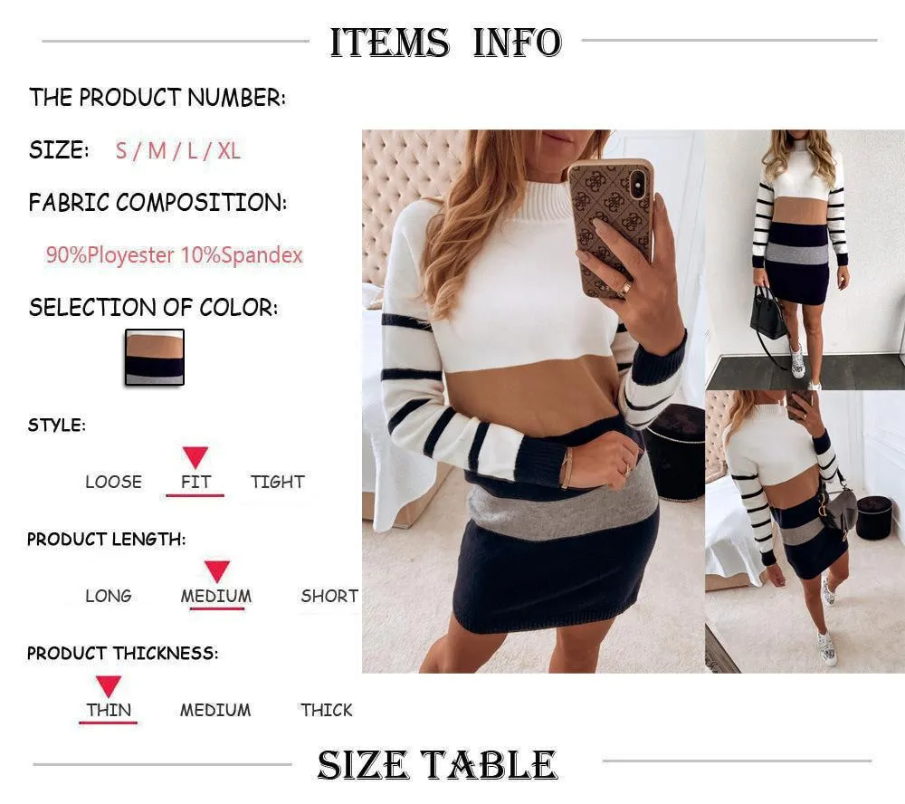 High Neck Long Sleeve Color Block Striped Sweater Bodycon Dress