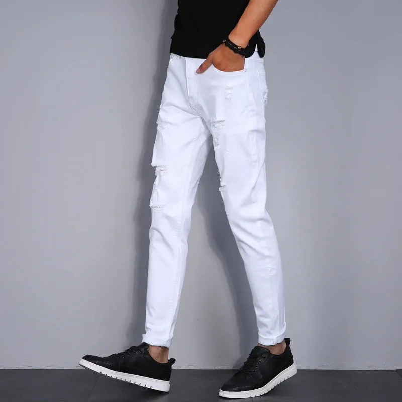 High Street Fashion Men Jeans White Elastic Stretch Skinny Jeans Korea Men Ripped Designer Hip Hop Denim Pants Hombre