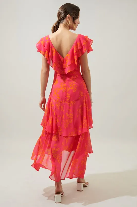 Hot Pink W/ Orange Floral Ruffle Midi