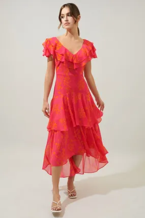Hot Pink W/ Orange Floral Ruffle Midi