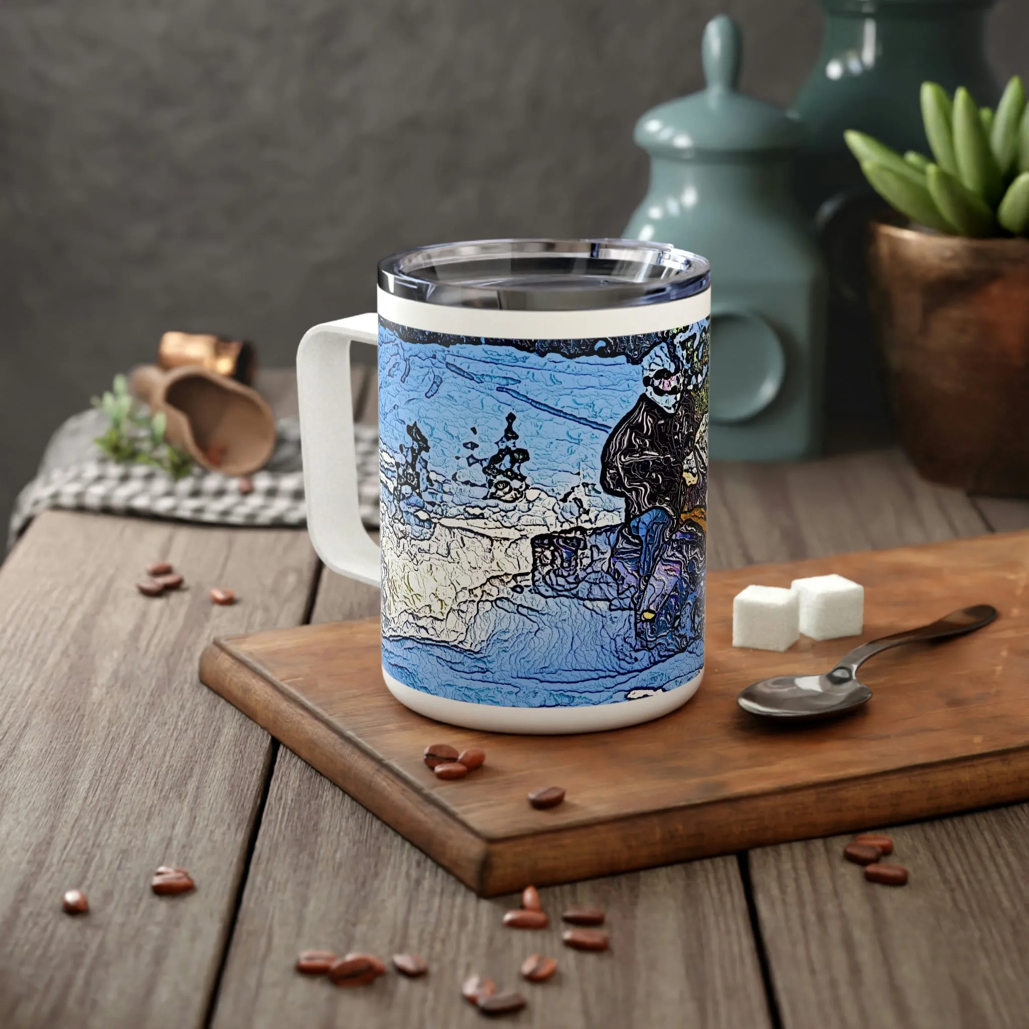 Insulated Coffee Mug, 10oz  ... Blasting Through-The-Powder ... 'Central Idaho Mounains ... ' 2Dec22 ...