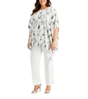 JM Collection Women's Scoop Neckline Printed Gauze Poncho Top Intrepid Blue