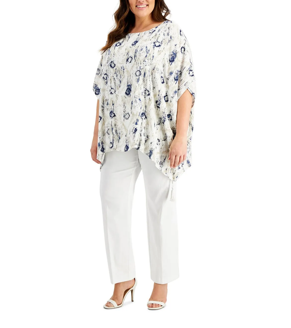 JM Collection Women's Scoop Neckline Printed Gauze Poncho Top Intrepid Blue