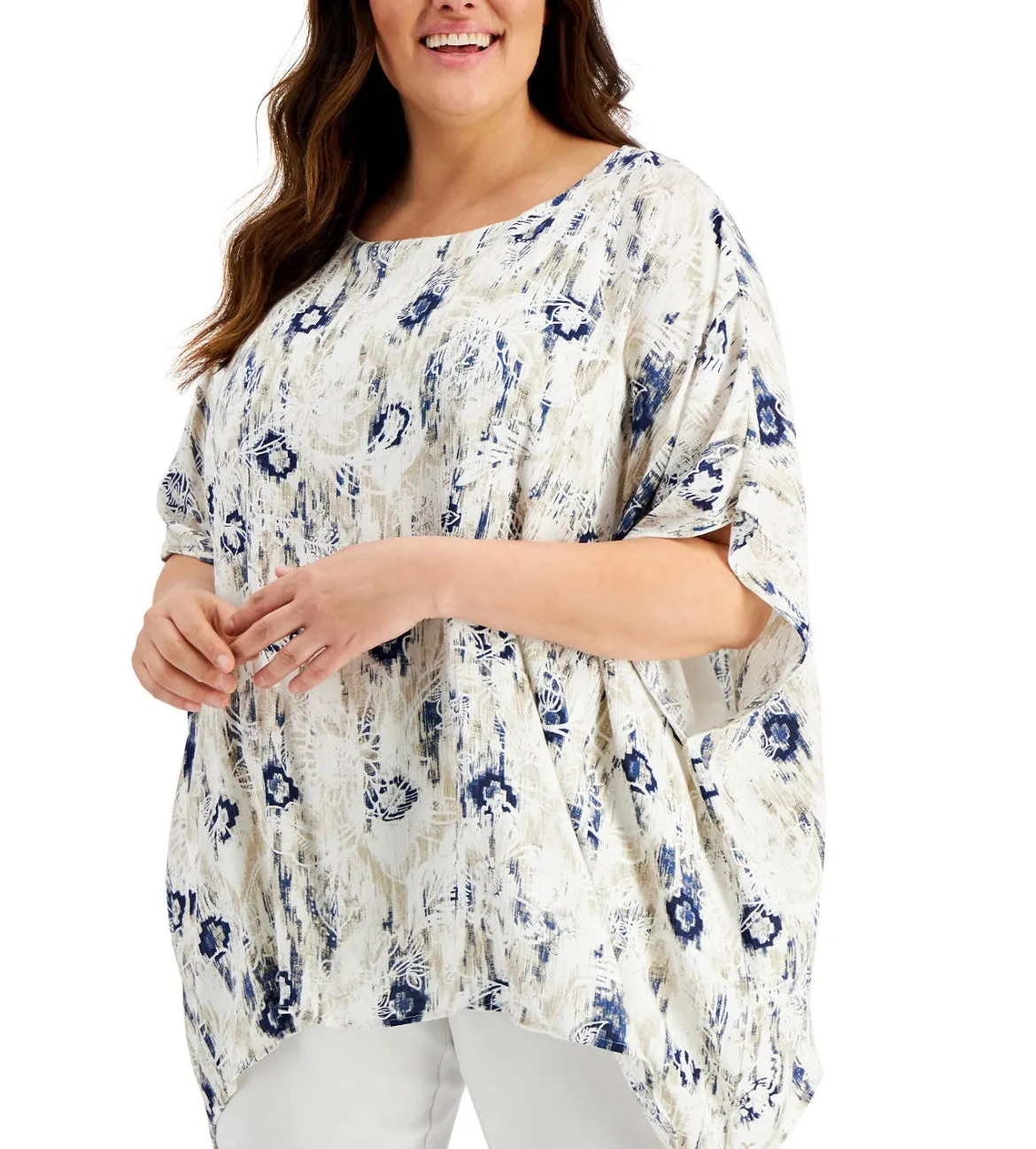 JM Collection Women's Scoop Neckline Printed Gauze Poncho Top Intrepid Blue