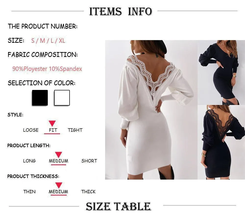 Lace Blackless Long Sleeve Sweater Bodycon Dress