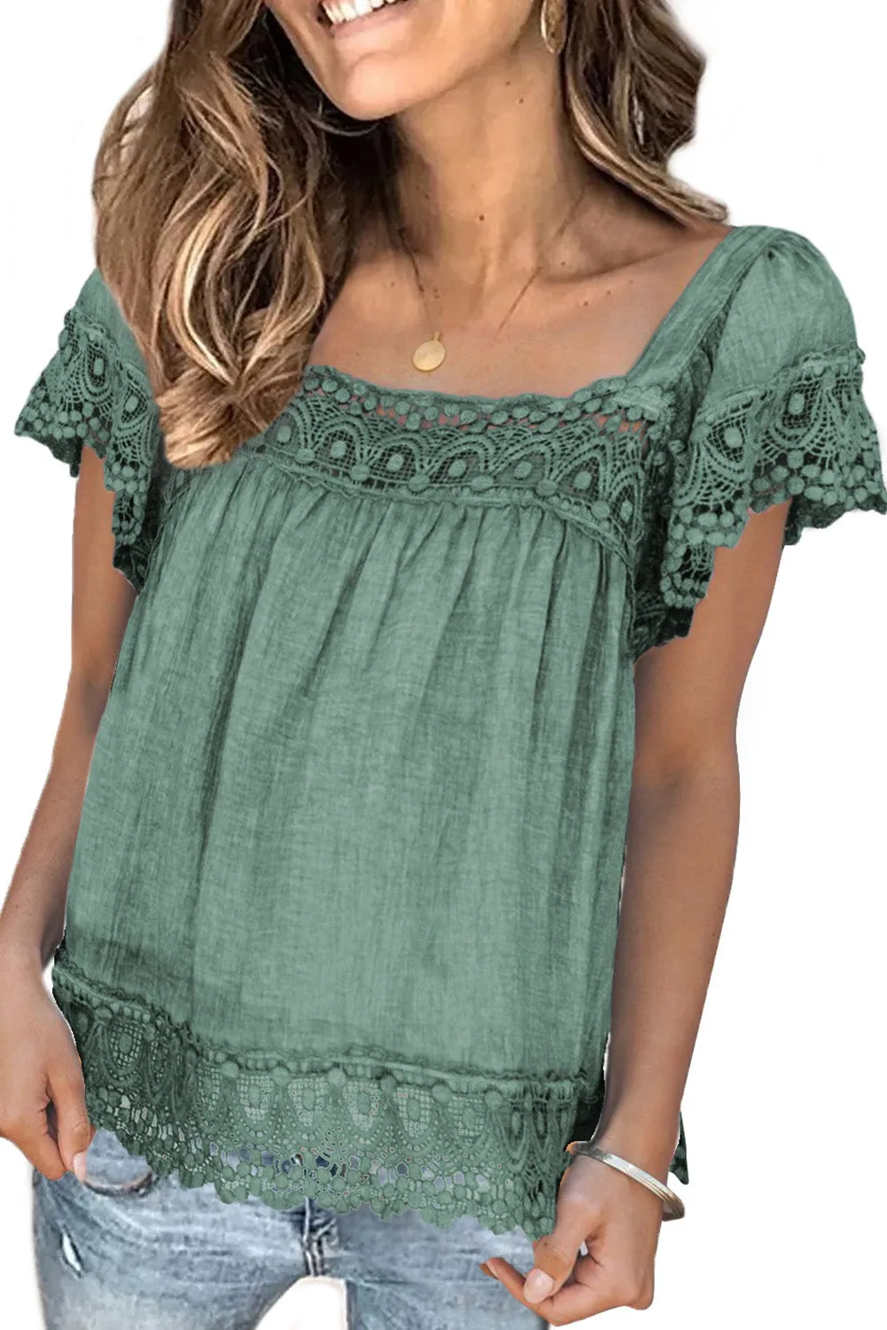 Lace Pom Pom Splicing Square Neck Blouse