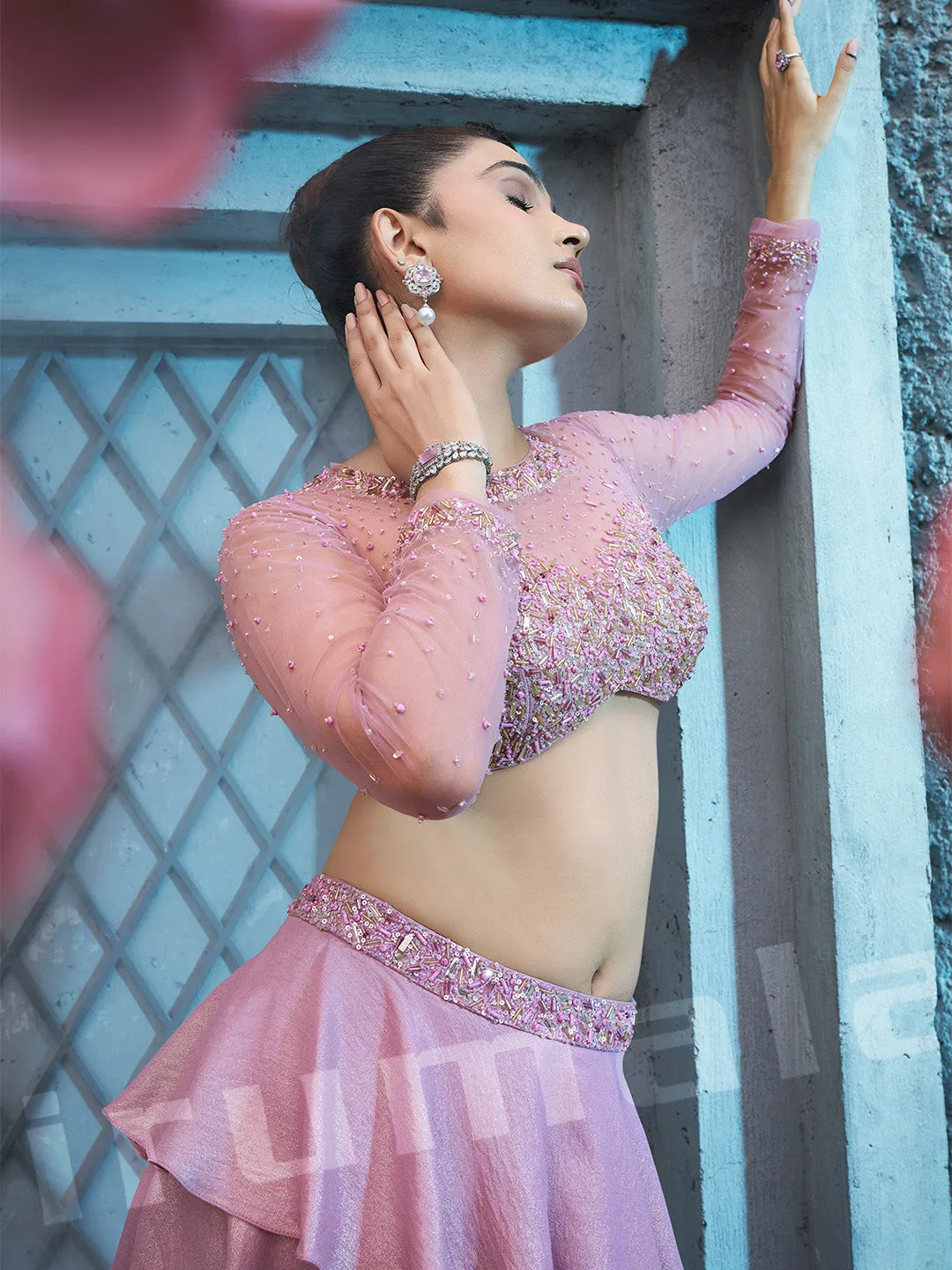 Lavender Lycra Layered Skirt Set