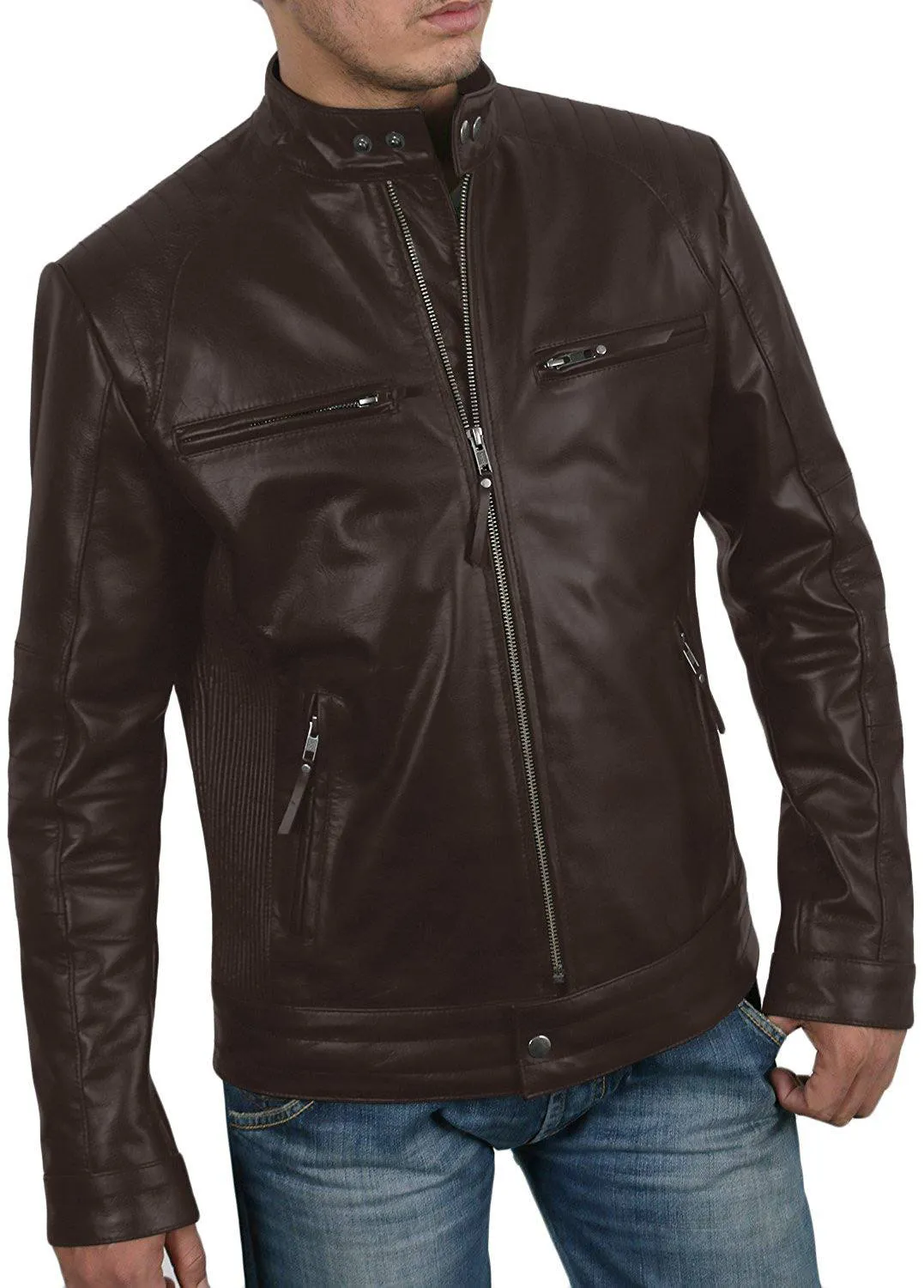 Leather Jackets Hub Mens Genuine Cowhide Leather Jacket (Black, Racer Jacket) - 1501626