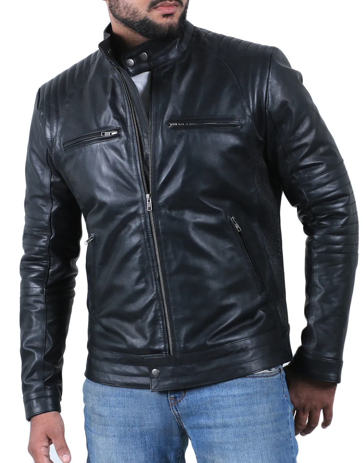 Leather Jackets Hub Mens Genuine Cowhide Leather Jacket (Black, Racer Jacket) - 1501626
