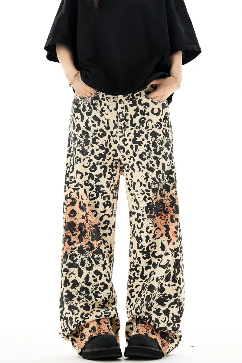 Leopard Print Straight Leg Jeans Vintage High Street Slacks