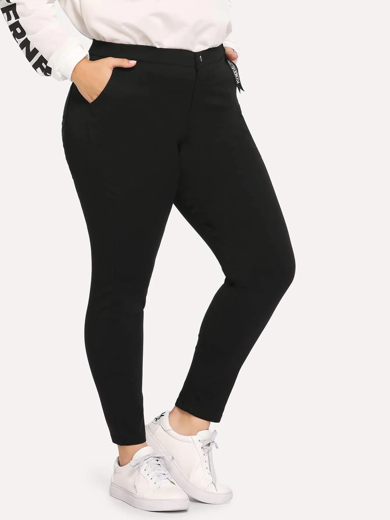 Letter Ribbon Natural Long Plus Size Jeans