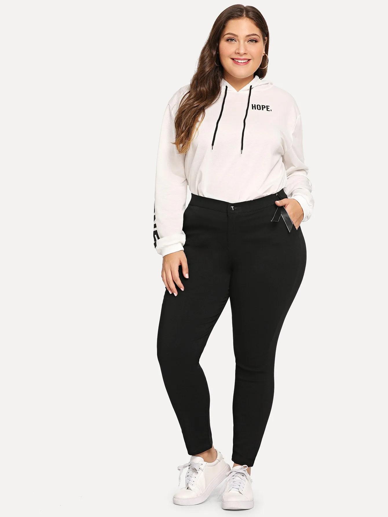 Letter Ribbon Natural Long Plus Size Jeans