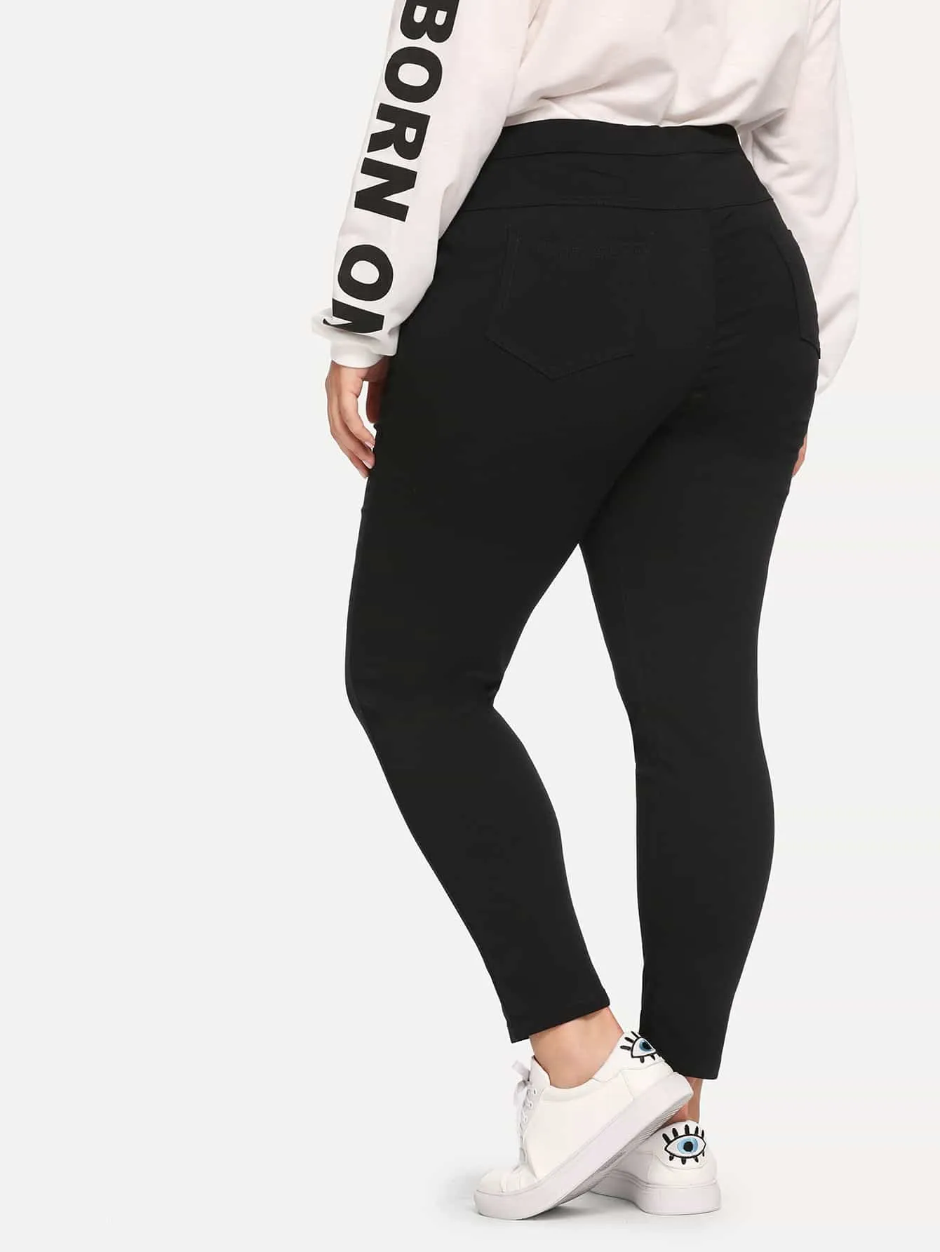 Letter Ribbon Natural Long Plus Size Jeans