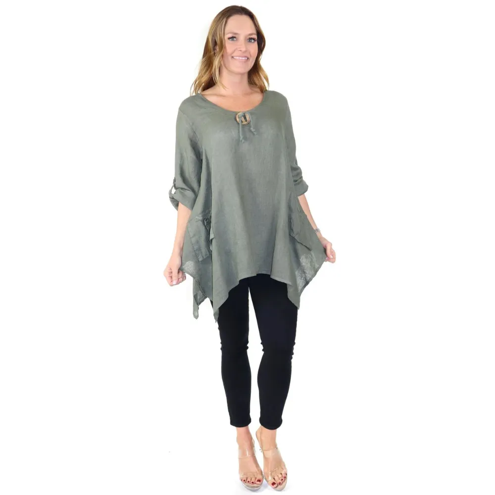 Linen & Gauze Relaxed Fit Linen Olive Tunic (Women's)