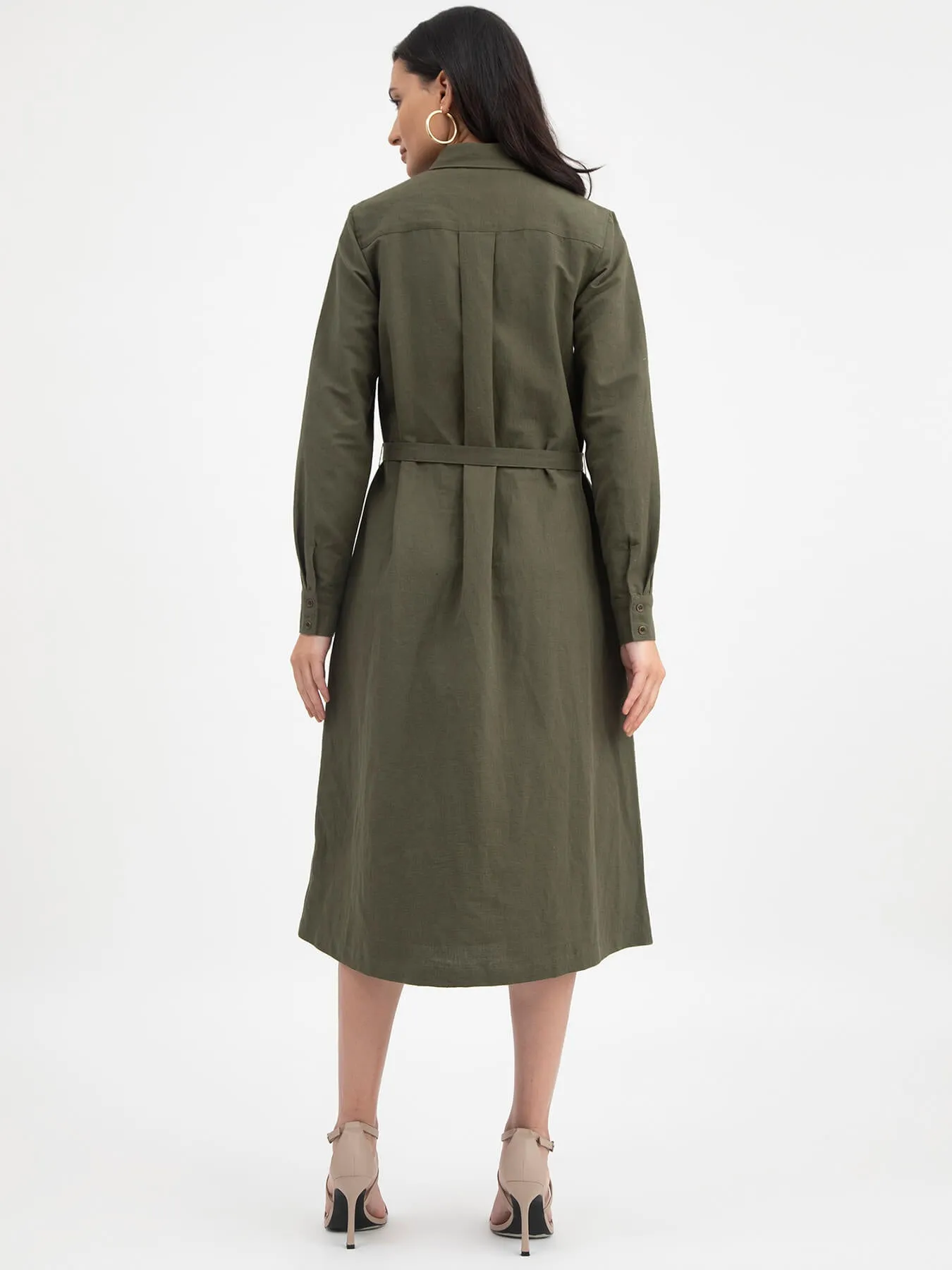 Linen Shirt Dress - Olive