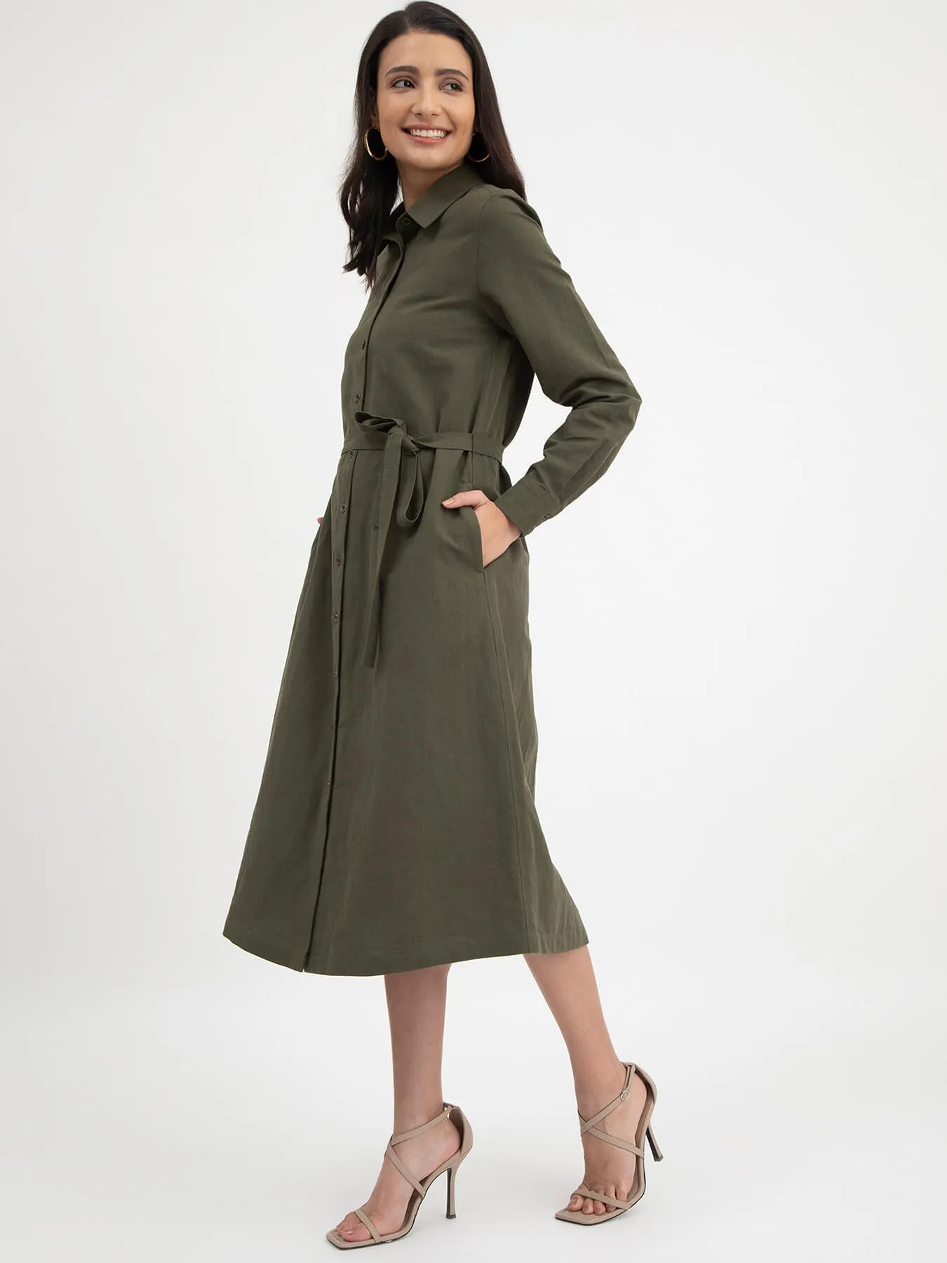 Linen Shirt Dress - Olive