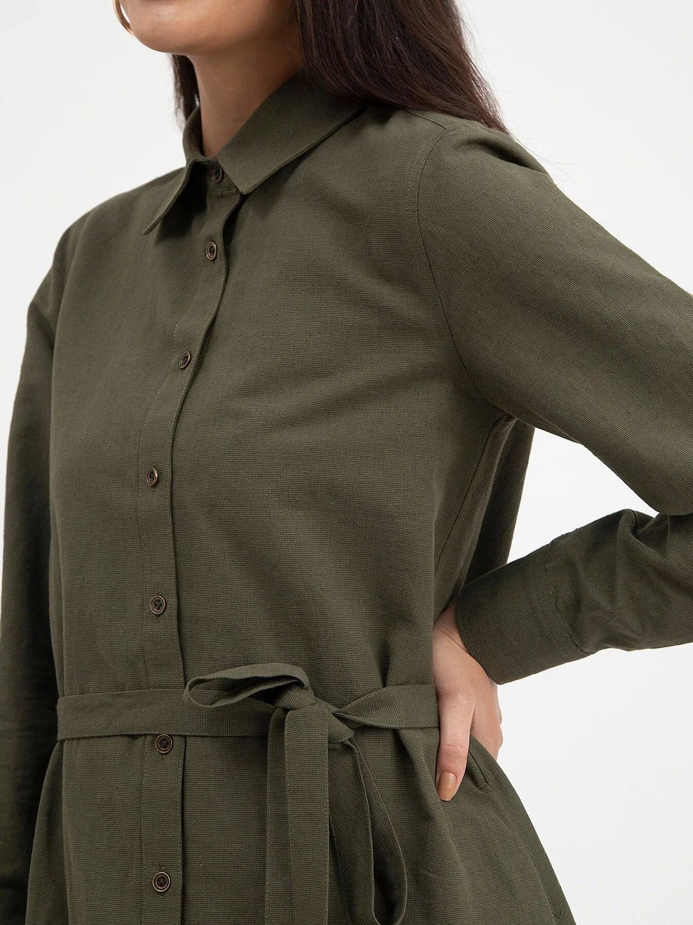 Linen Shirt Dress - Olive