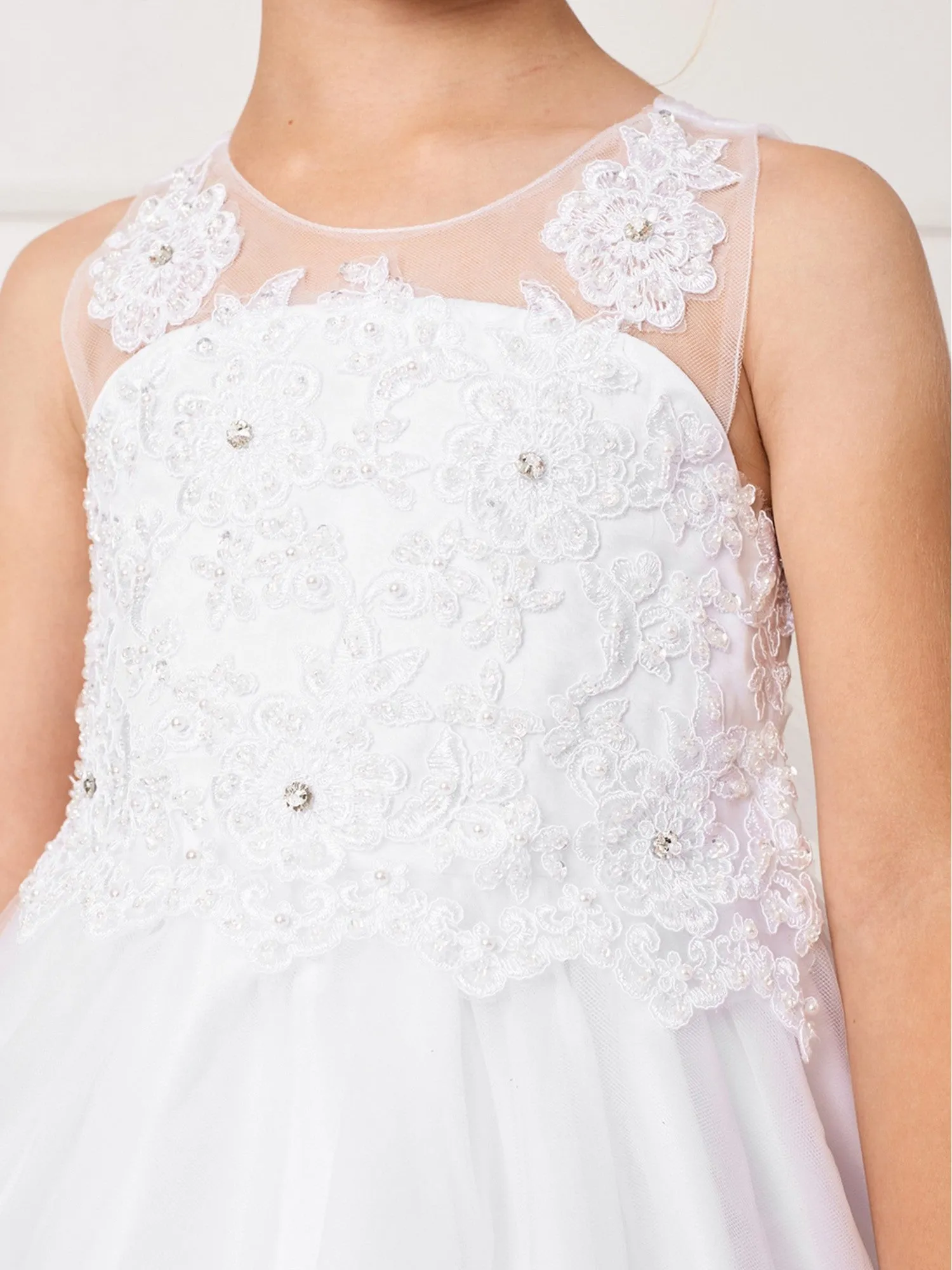 Little Girls Ivory Illusion Neck Embroidered Tulle Bow Flower Girl Dress 2-6