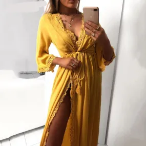 Long Maxi Dress / Cardigan. Khaki or Mustard Yellow