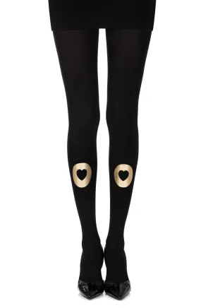 Lovely Opaque Gold Circle & Heart Print 120 Denier Black Tights