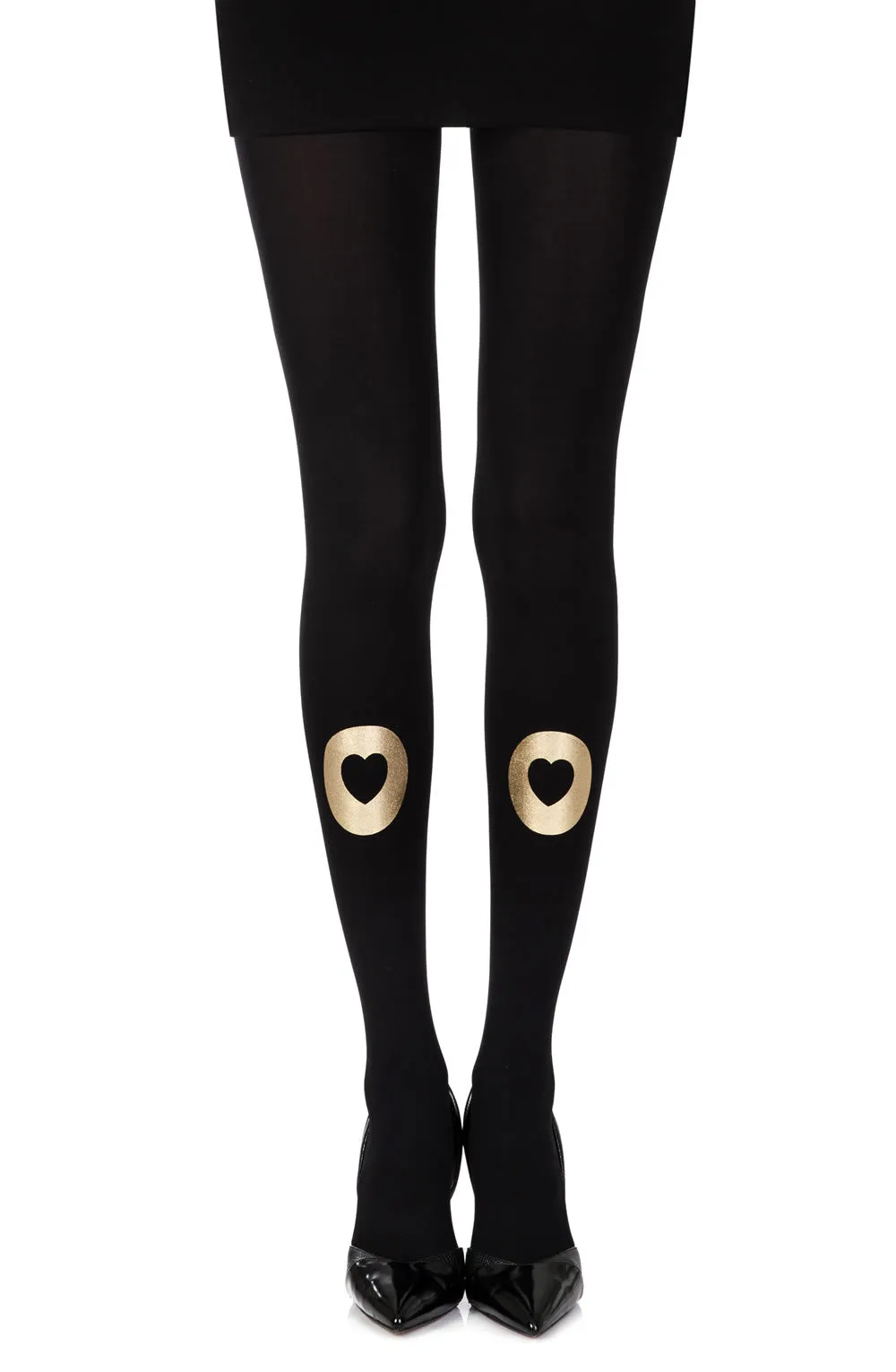 Lovely Opaque Gold Circle & Heart Print 120 Denier Black Tights
