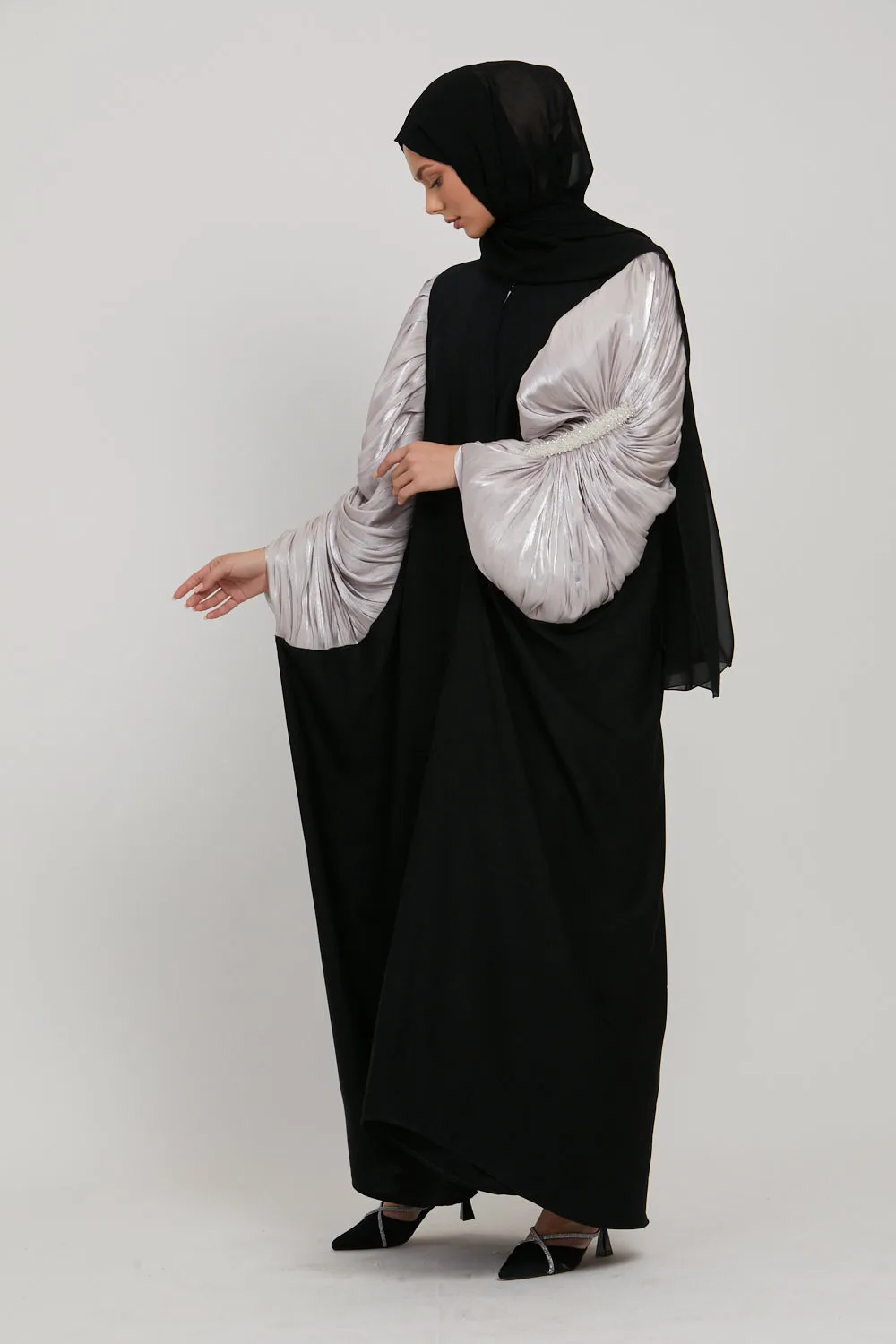 Luxury Embellished Twilight Black Cape with Pleated Organza - Orchid Ice
