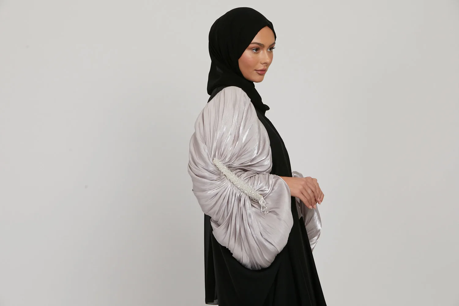 Luxury Embellished Twilight Black Cape with Pleated Organza - Orchid Ice