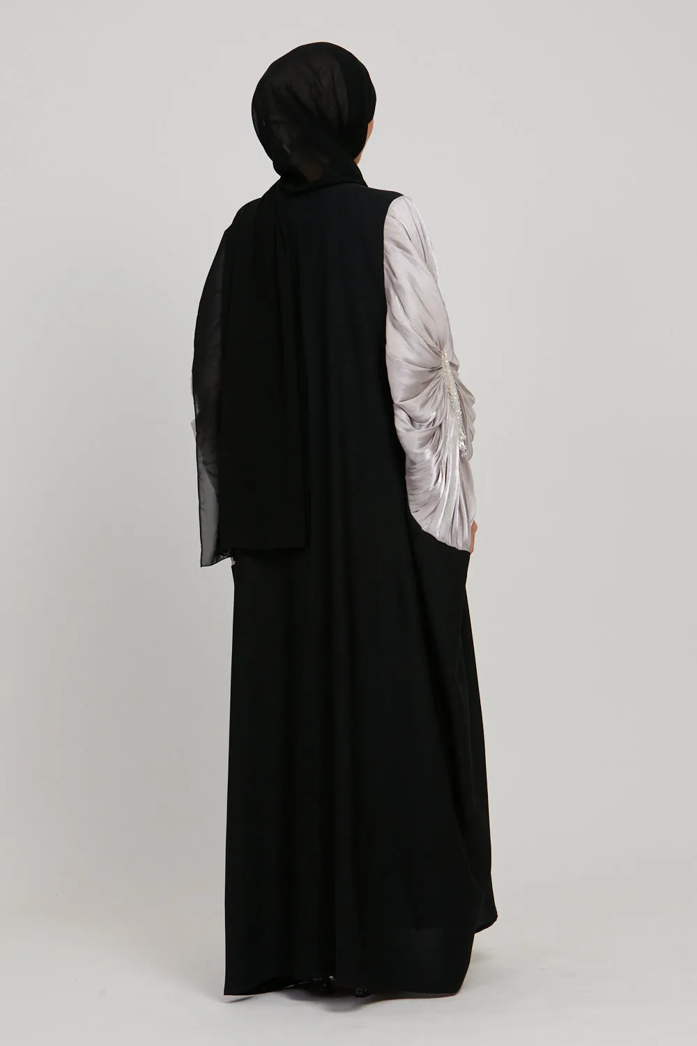 Luxury Embellished Twilight Black Cape with Pleated Organza - Orchid Ice