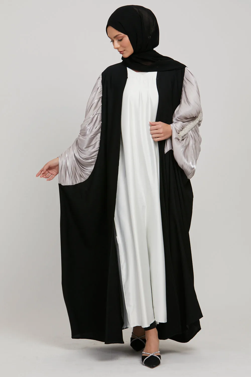 Luxury Embellished Twilight Black Cape with Pleated Organza - Orchid Ice