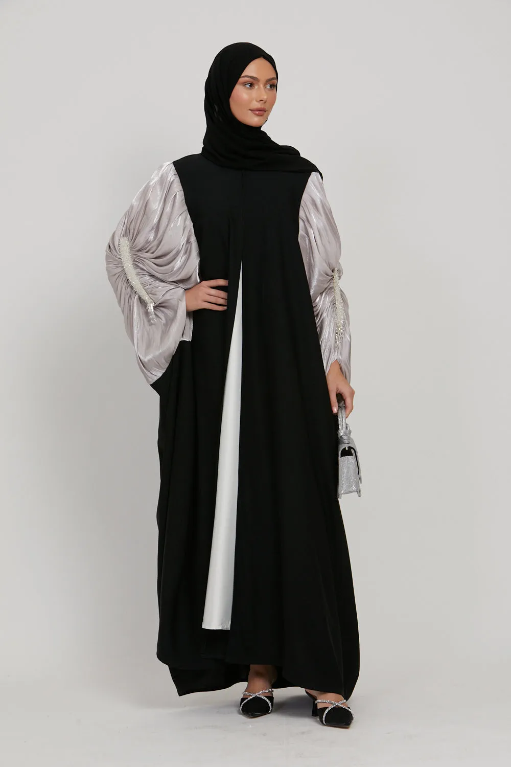 Luxury Embellished Twilight Black Cape with Pleated Organza - Orchid Ice