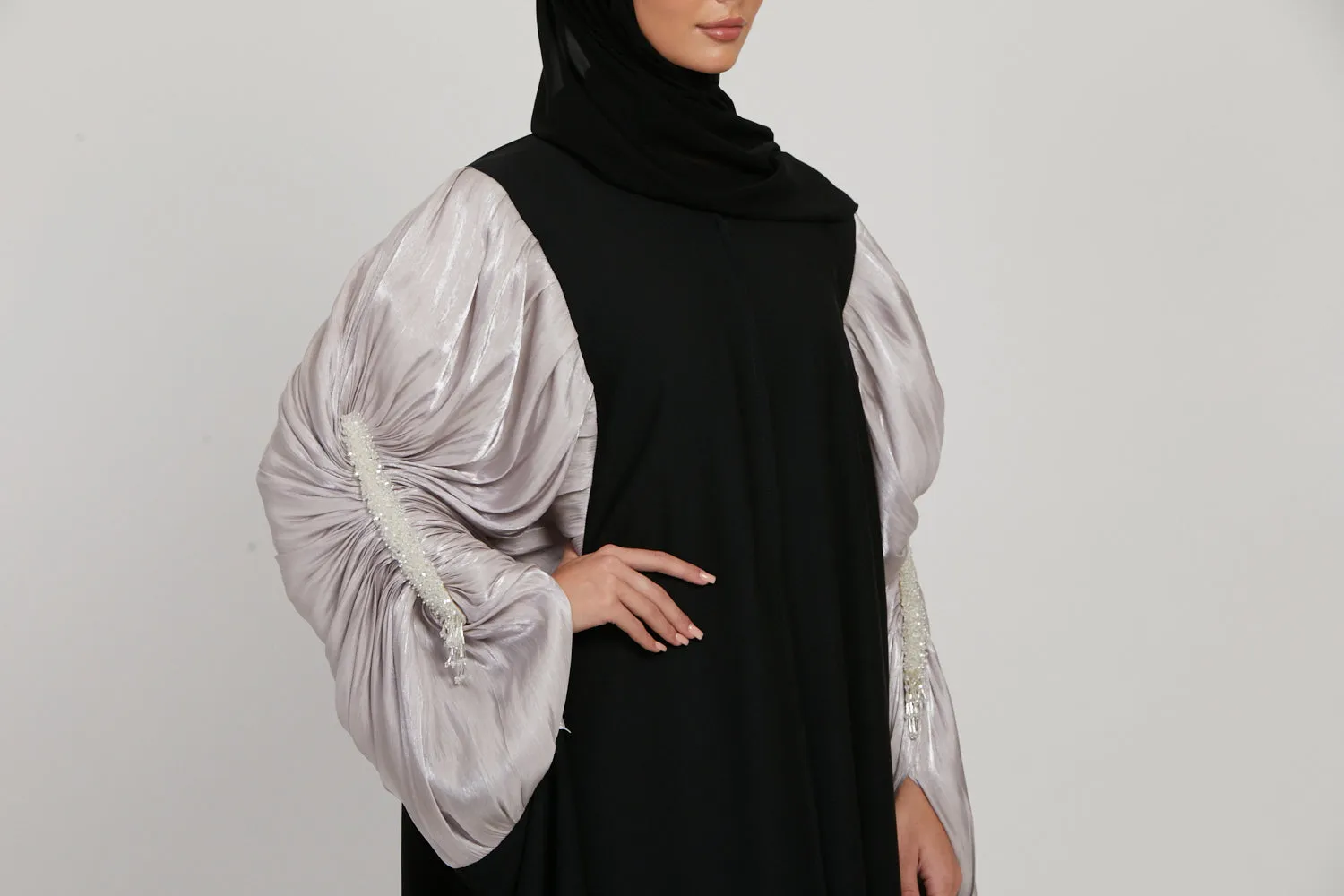 Luxury Embellished Twilight Black Cape with Pleated Organza - Orchid Ice