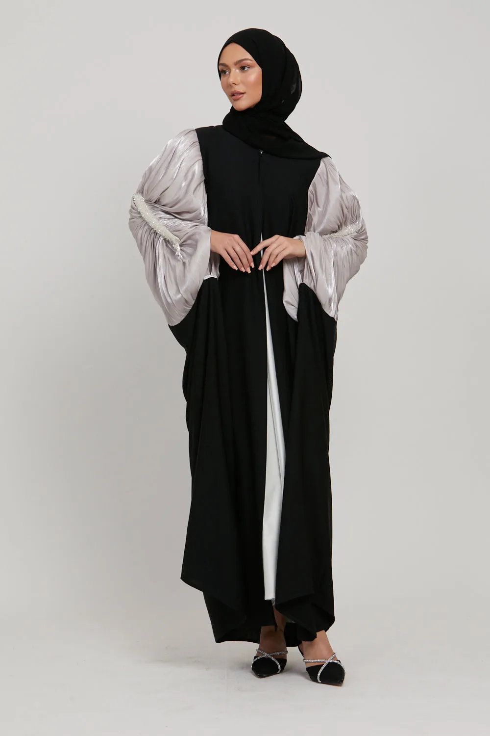 Luxury Embellished Twilight Black Cape with Pleated Organza - Orchid Ice