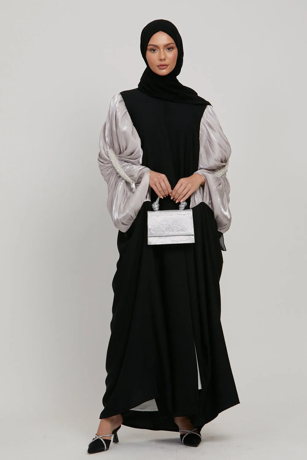 Luxury Embellished Twilight Black Cape with Pleated Organza - Orchid Ice