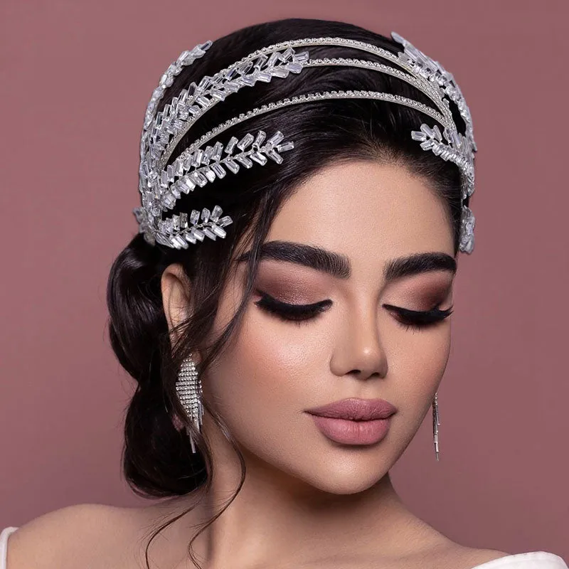 Luxury Leaf Trim Crystal Embellished Layered Headband - Silver