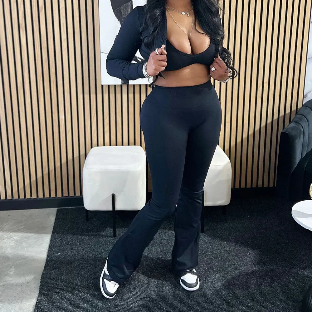 MB FASHION 3-Piece Crop Top, Shrug, & Flared Pants Lounge Set   4046LY