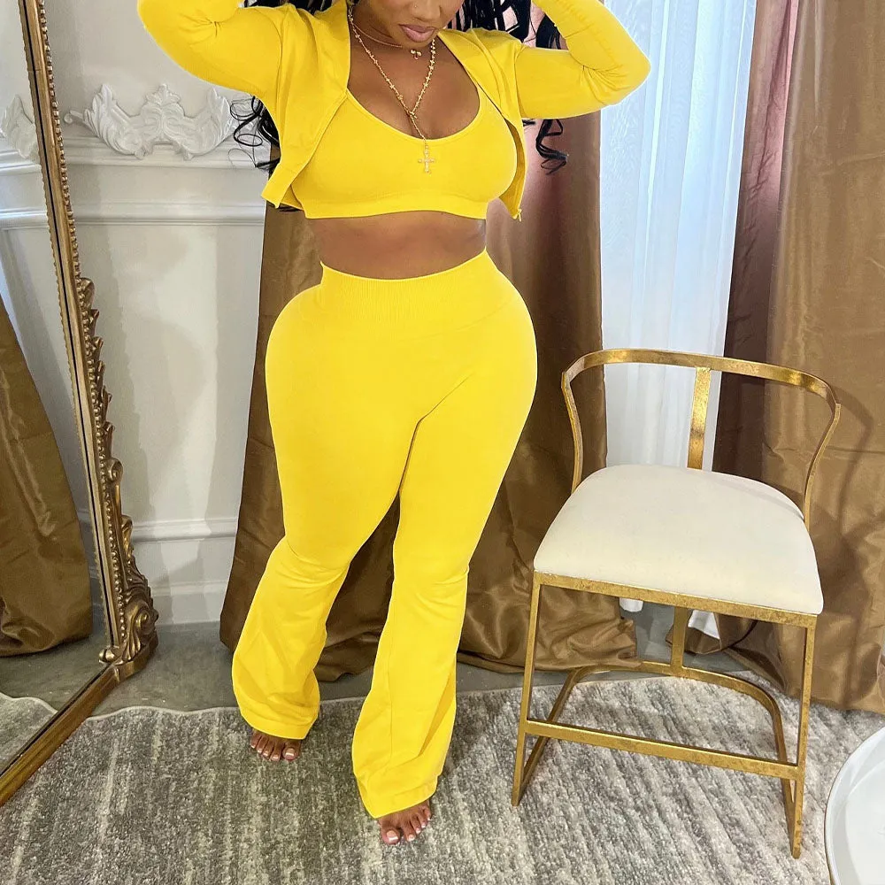 MB FASHION 3-Piece Crop Top, Shrug, & Flared Pants Lounge Set   4046LY