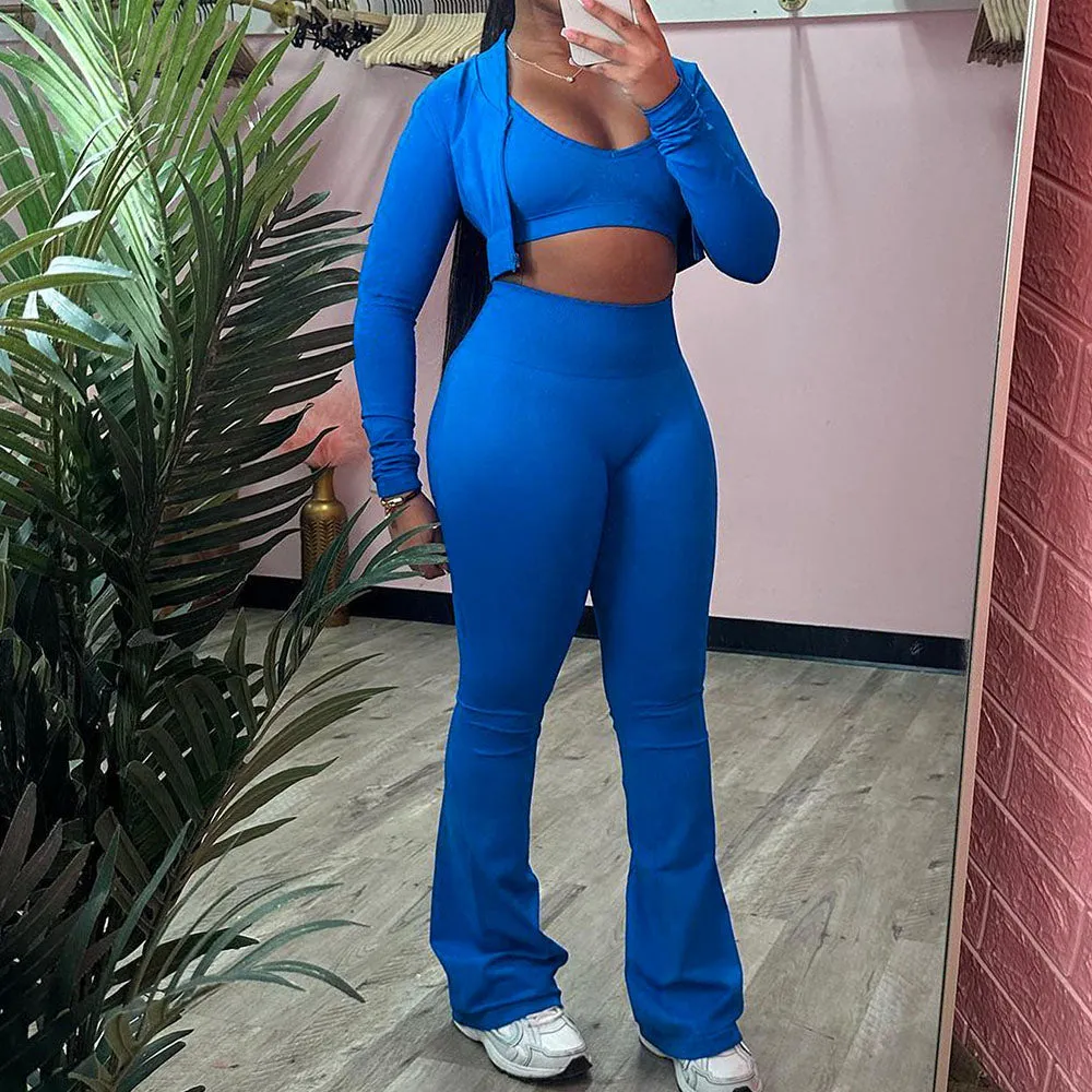 MB FASHION 3-Piece Crop Top, Shrug, & Flared Pants Lounge Set   4046LY