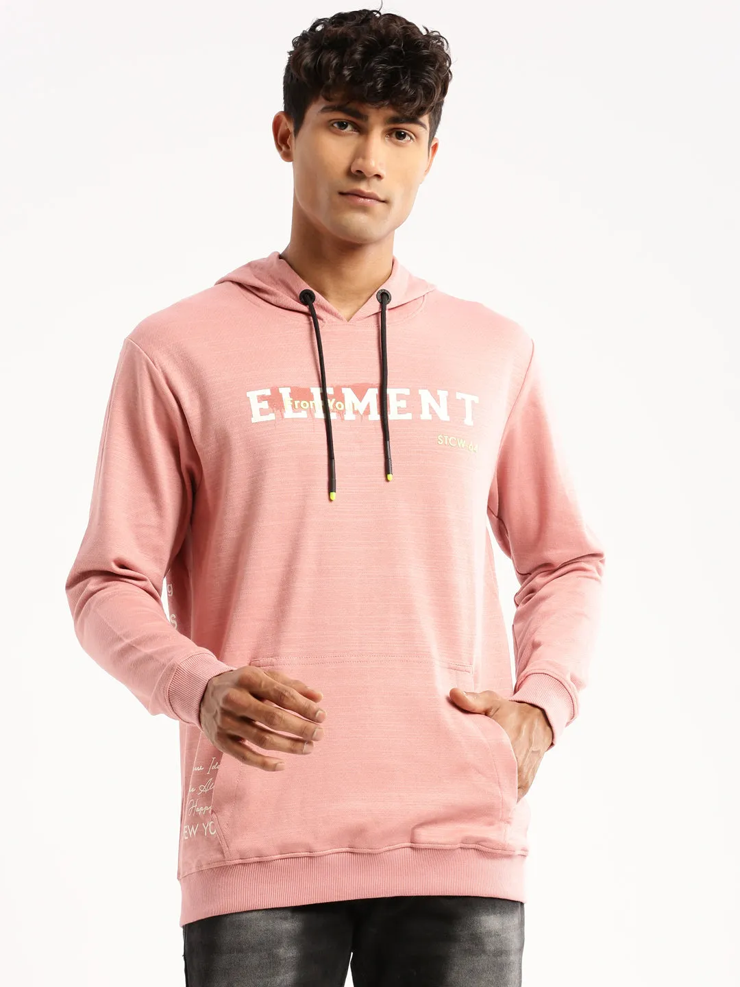 Men Peach Hooded Typography Pullover