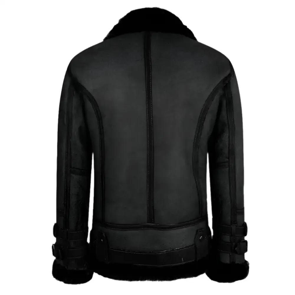 Men's Classic Black Vintage Shearling Sheepskin Flying Jacket - Warm & Stylish