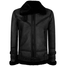 Men's Classic Black Vintage Shearling Sheepskin Flying Jacket - Warm & Stylish