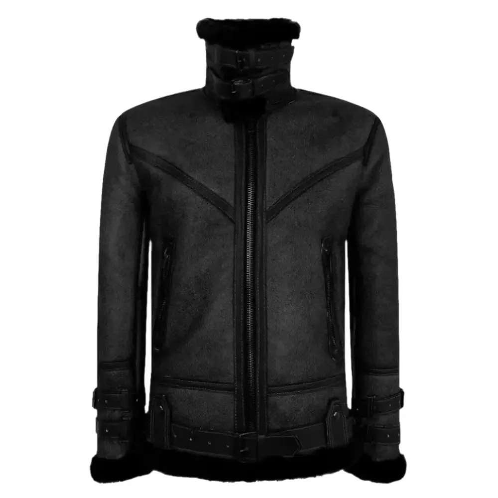 Men's Classic Black Vintage Shearling Sheepskin Flying Jacket - Warm & Stylish