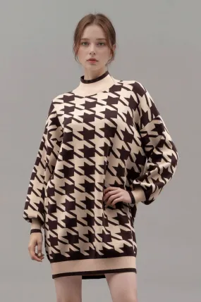 MOCK NECK HOUNDSTOOTH SWEATER DRESS