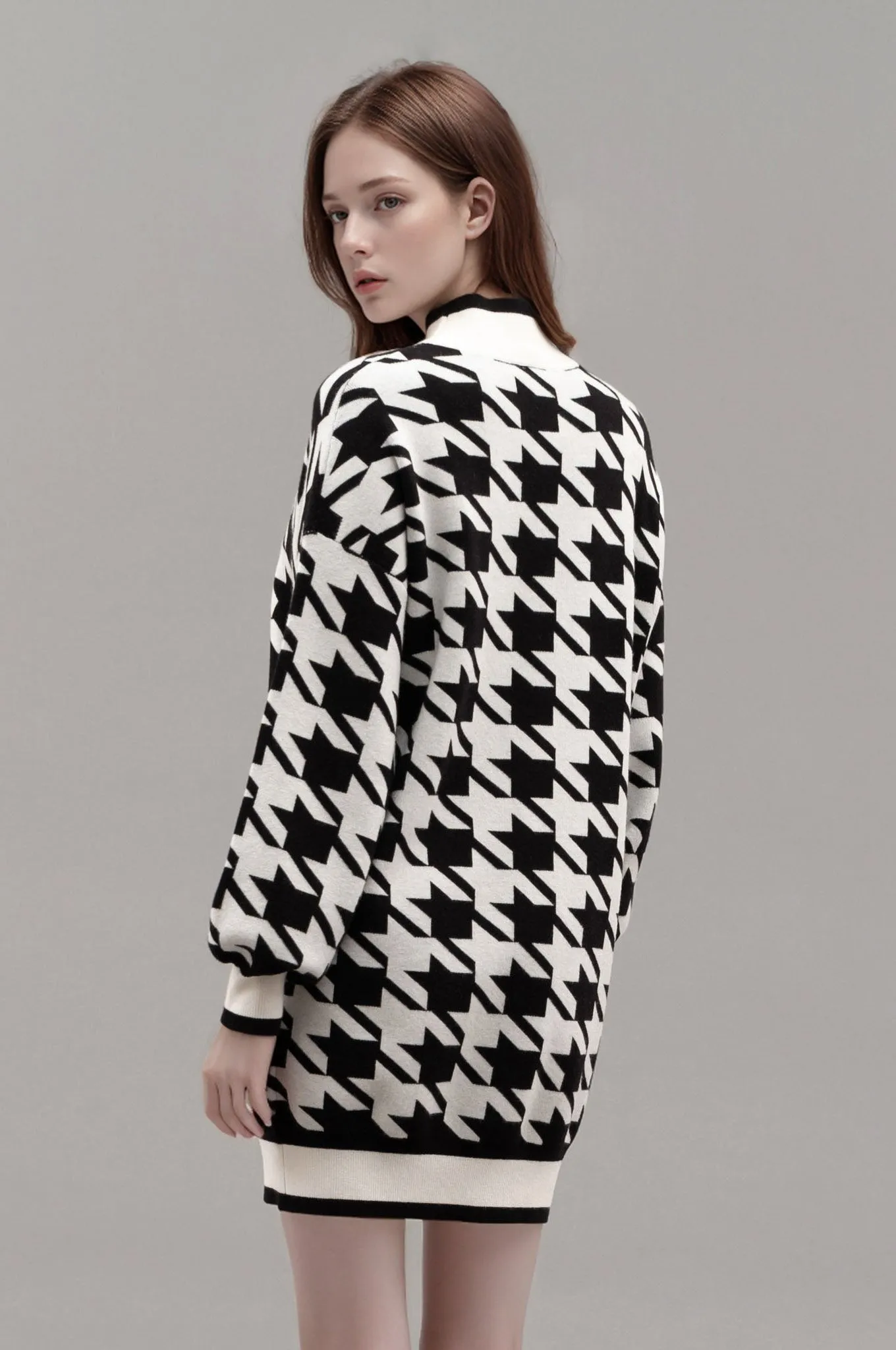 MOCK NECK HOUNDSTOOTH SWEATER DRESS
