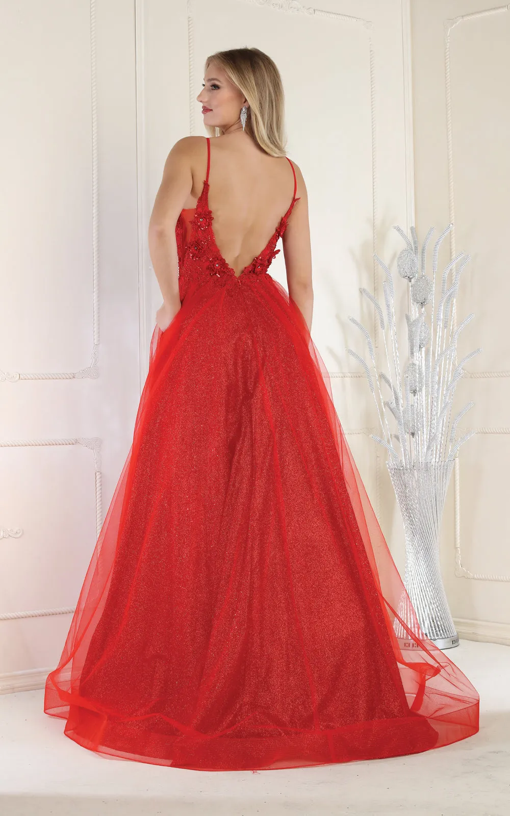MQ 8024 - A-Line Plunging Neckline Prom Gown with 3D Applique Bodice