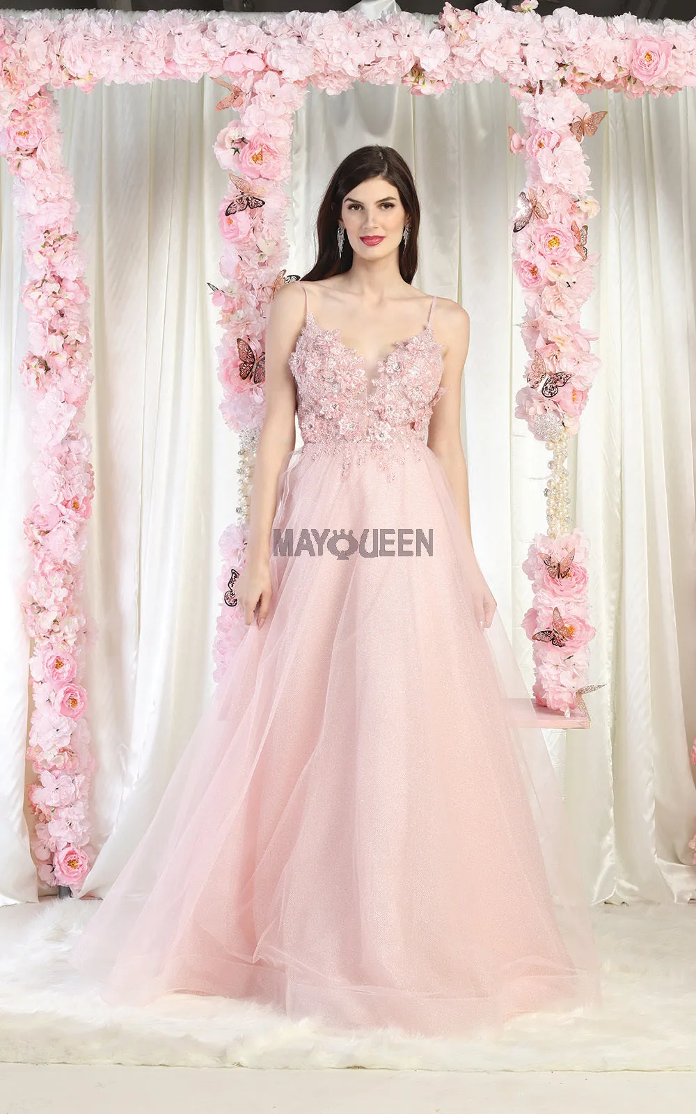 MQ 8024 - A-Line Plunging Neckline Prom Gown with 3D Applique Bodice