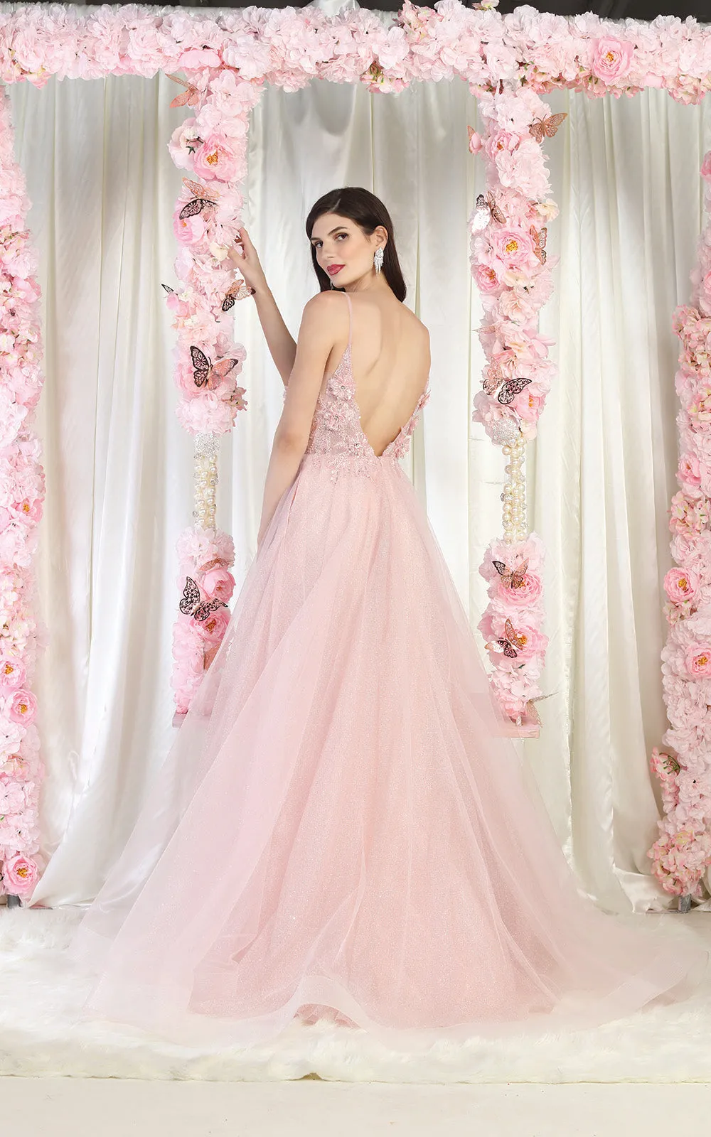 MQ 8024 - A-Line Plunging Neckline Prom Gown with 3D Applique Bodice