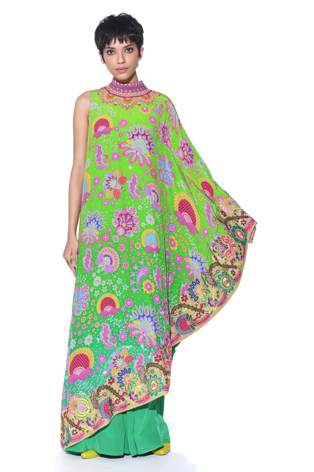 Neon Green Embroidered One Shoulder Dress And Jumpsuit